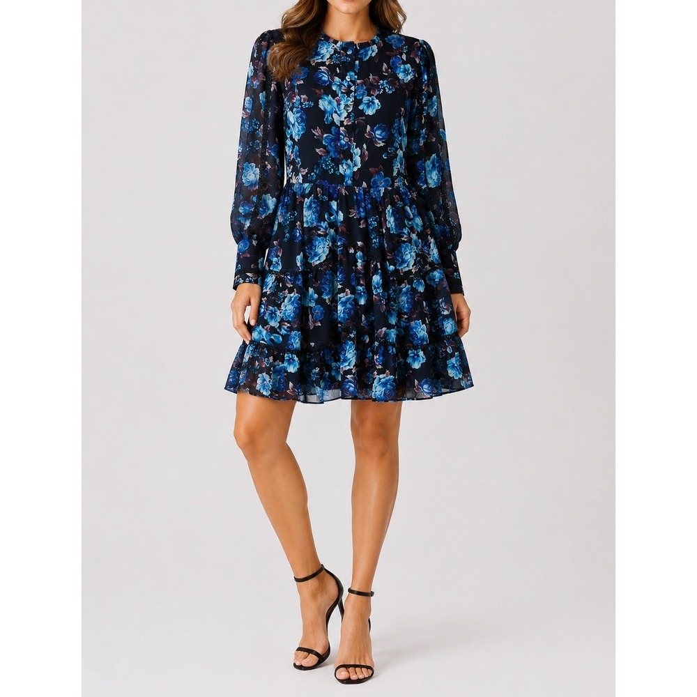 Beulah Style Mini Dress Navy Blue Floral Tiered Long Sleeve Lace MC3696 Small